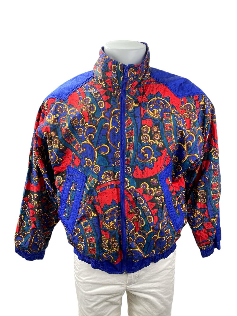 Vintage Sports Accent Blue Floral Geometric Full Zip Windbreaker Jacket Size S